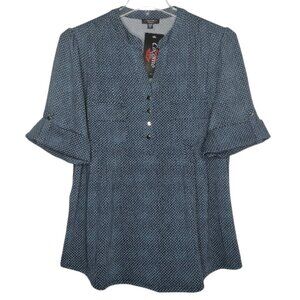 Cocomo Women's Plus Size 3X Denim Blue Polka Dot Print Pintuck Short Sleeve Top